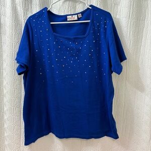 Quaker Factory Blue Sparkle Embellished Square Neck Short Sleeve‎ Top XL